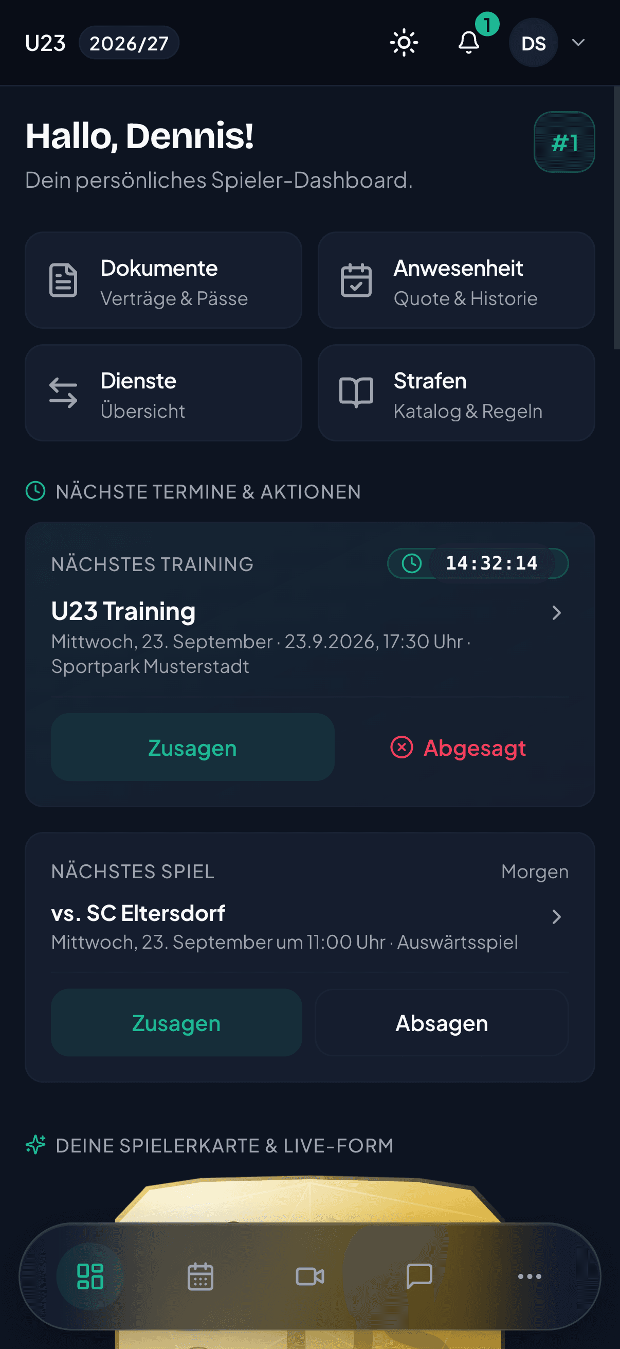 Spielerbereich in Taqticlab mit Terminen und Zu-/Absagen