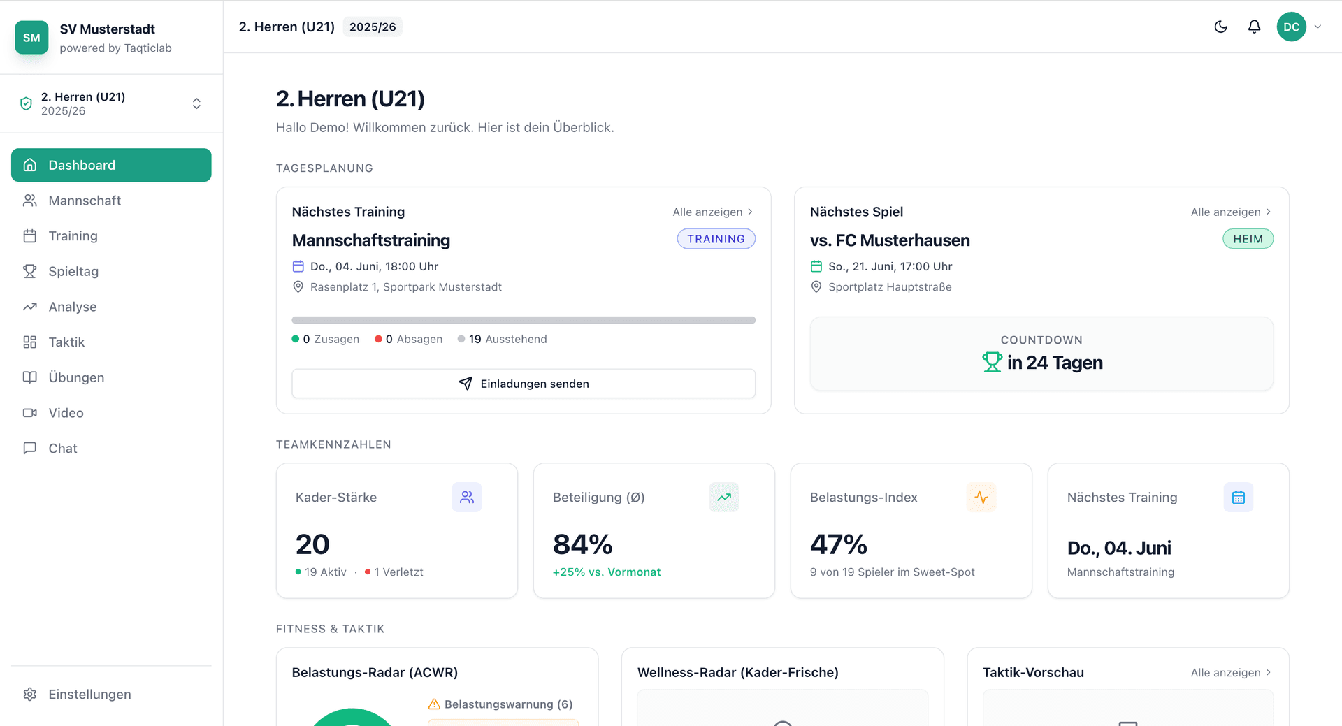 Taqticlab Dashboard – Übersicht Mannschaft und nächste Termine