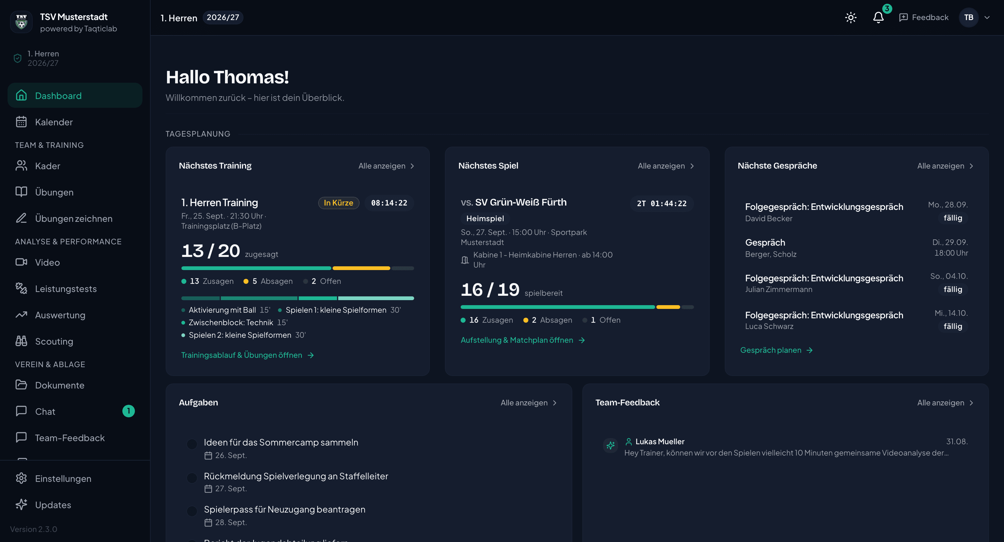 Taqticlab Trainer-Dashboard mit nächstem Training, Spieltag und Kaderübersicht