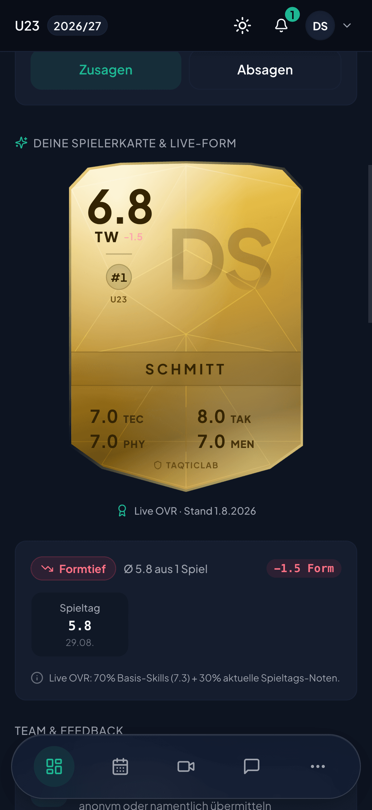Spieler-Cockpit auf dem Smartphone mit Spielerkarte und nächstem Termin